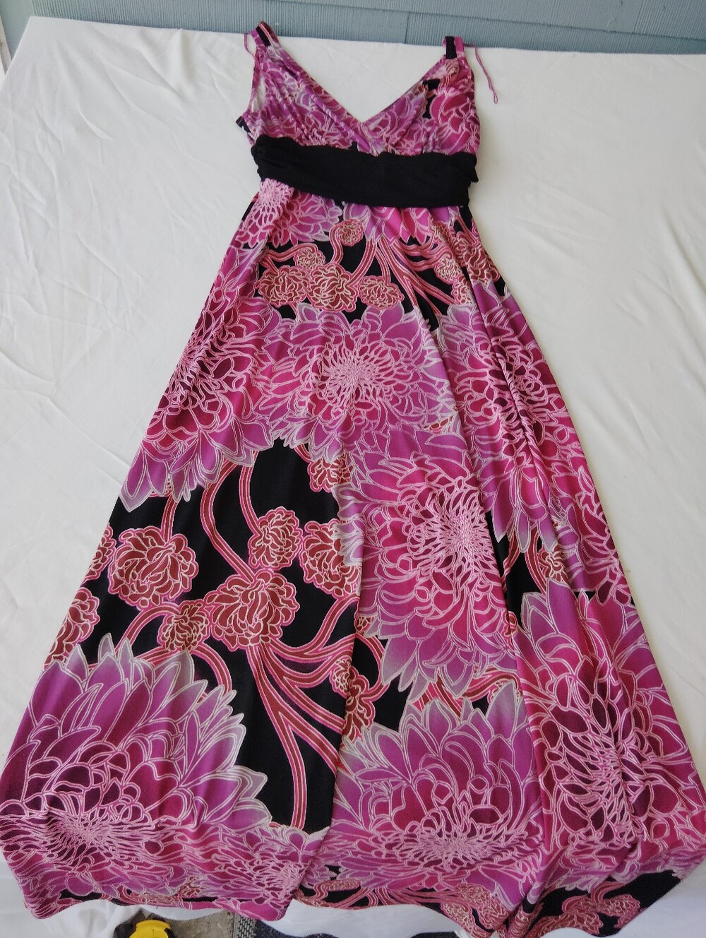 London Style Pink Floral Maxi Dress with Black Waistband 10